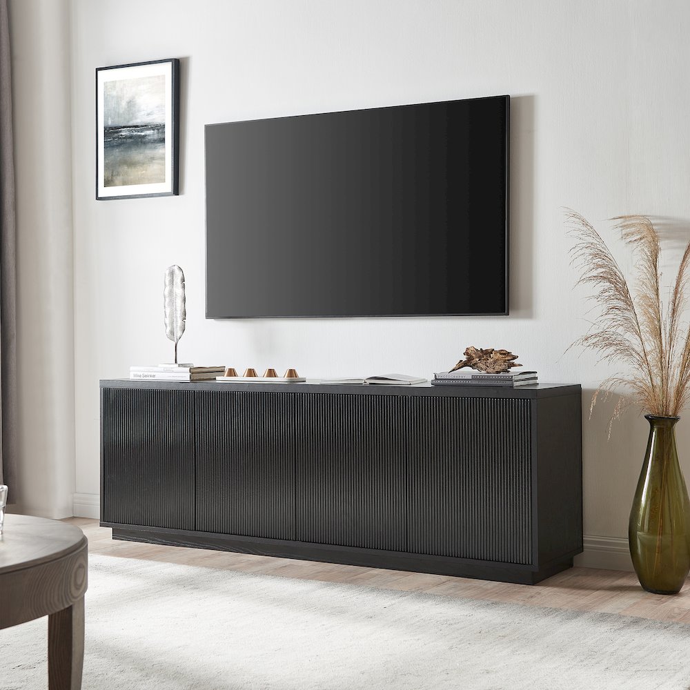 TV Stand for TVs up to 75",  2 Concealed Ribbed Storage Cabinets, Natural Black. Picture 2