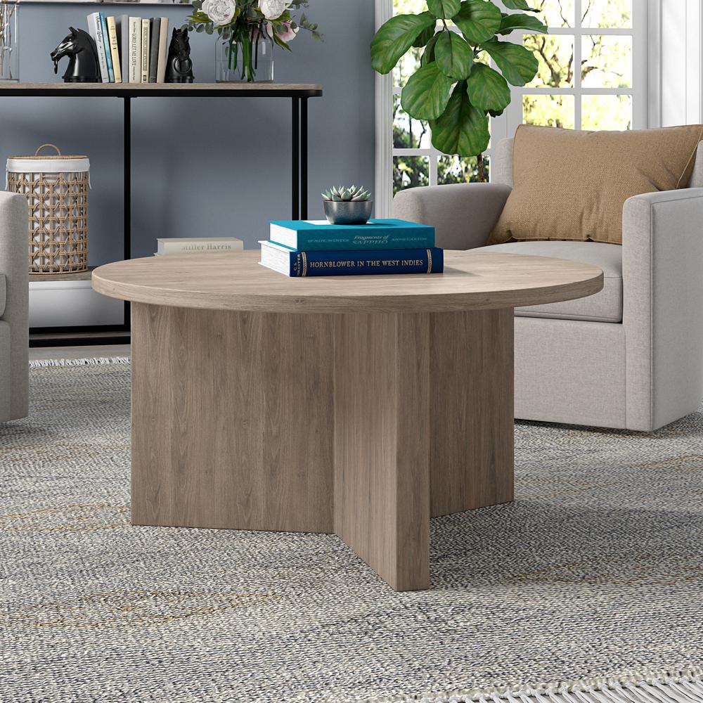 Anders 32" Wide Round Coffee Table in Antiqued Gray Oak. Picture 6