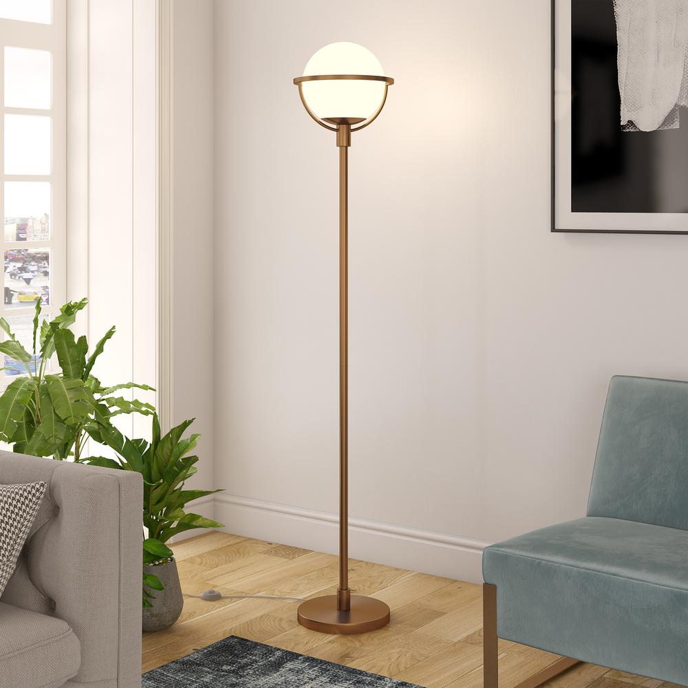Cieonna Globe & Stem Floor Lamp with Glass Shade in Brass/White. Picture 3
