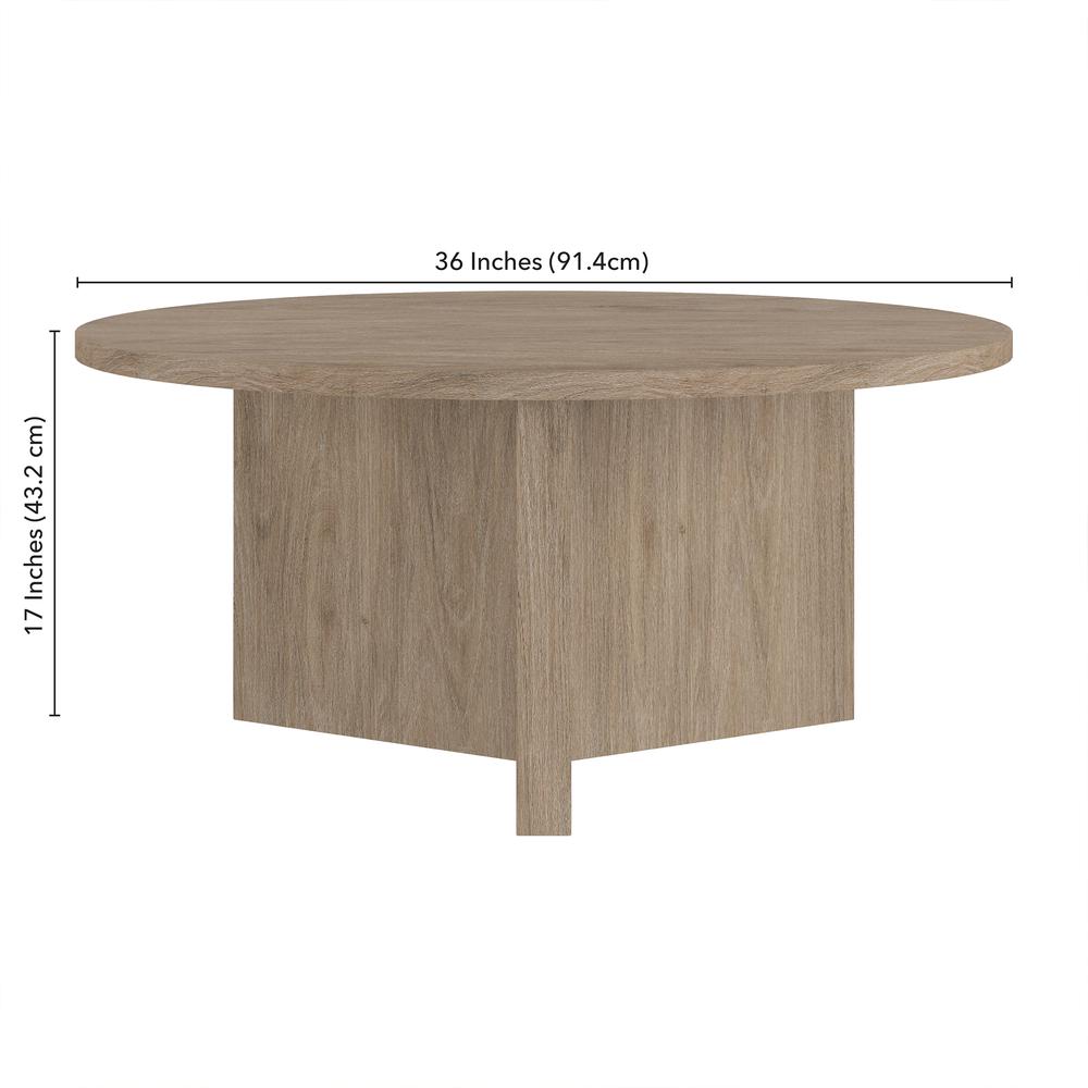 Anders 36" Wide Round Coffee Table in Antiqued Gray Oak. Picture 5