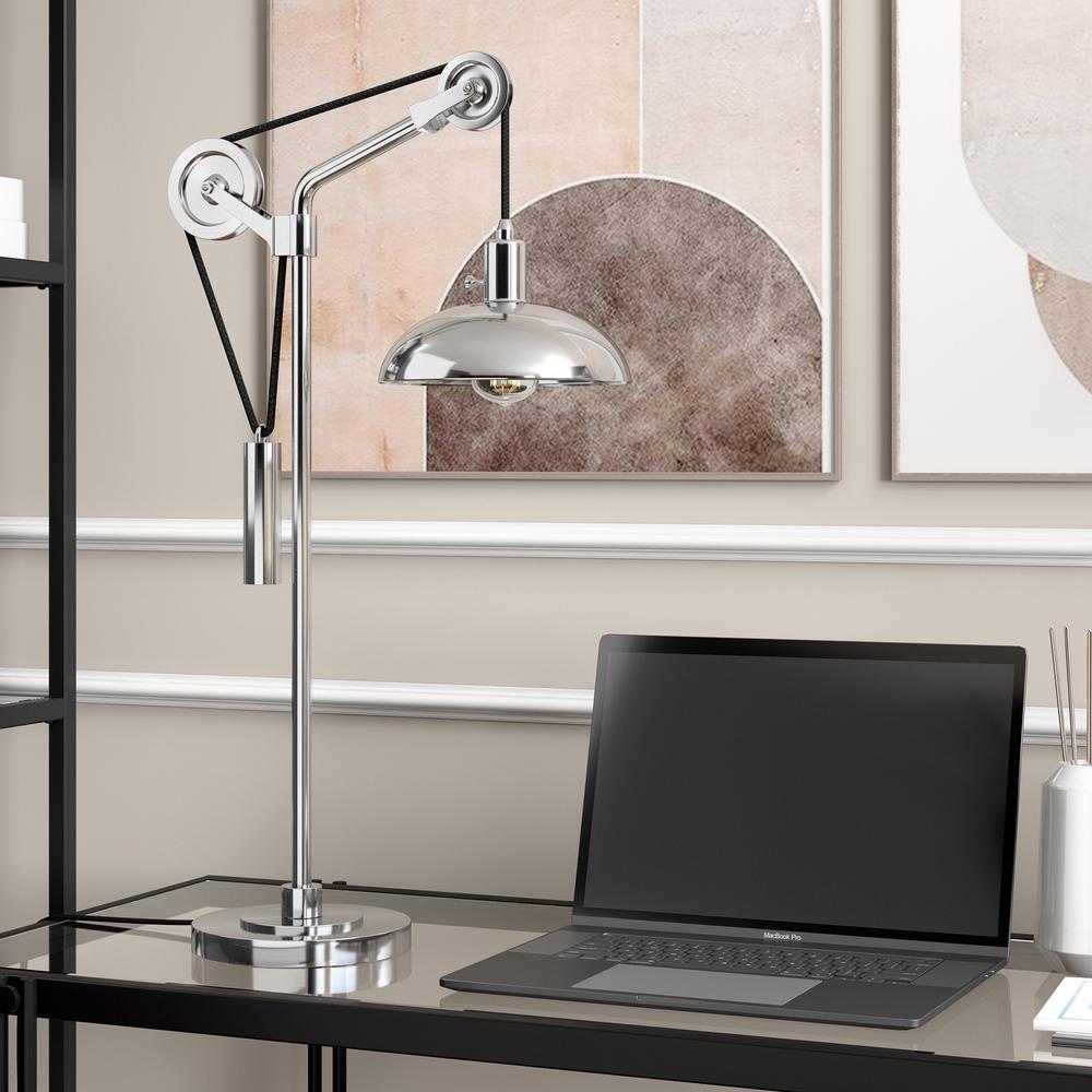 Neo 33.5" Tall Solid Wheel Pulley System Table Lamp with Metal Shade in Polished Nickel/Polished Nickel. Picture 2