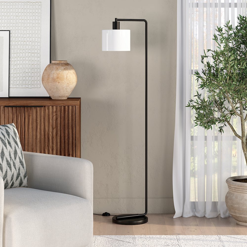 57'' Industrial 1-Light Floor Lamp with White Glass Drum Shade, Black. Picture 2