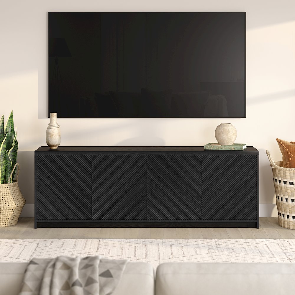 Renad Rectangular TV Stand for TV's up to 78" in Black Grain. Picture 3