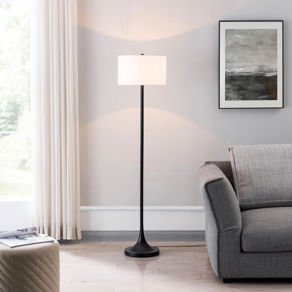 Josephine 62" Tall Floor Lamp with Fabric Shade in Blackened Bronze/White. Picture 4