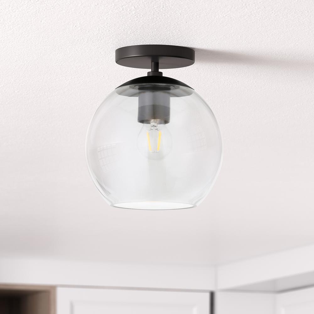 Bartlett 9" Wide Semi Flush Mount with Glass Shade in Matte Black/Clear. Picture 2
