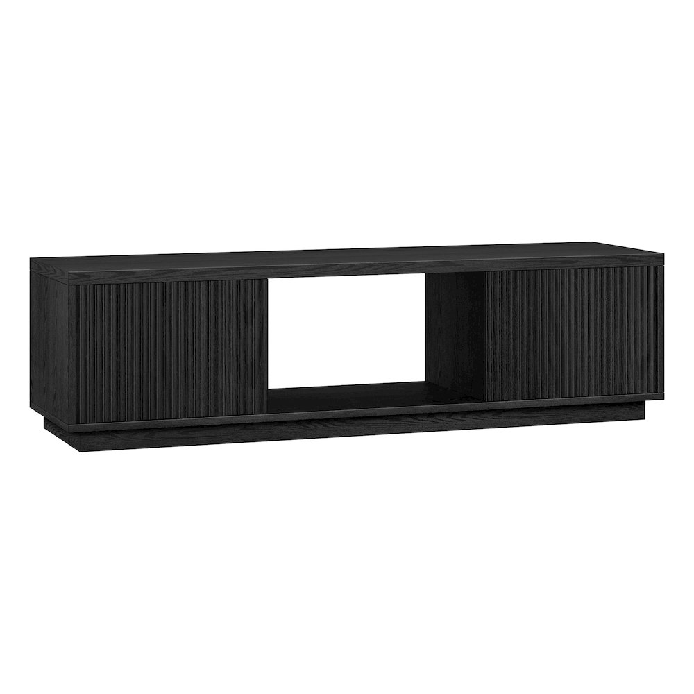 Fluted TV Stand for TVs up to 65", 2 Cabinets, Open Storage, Black. Picture 1