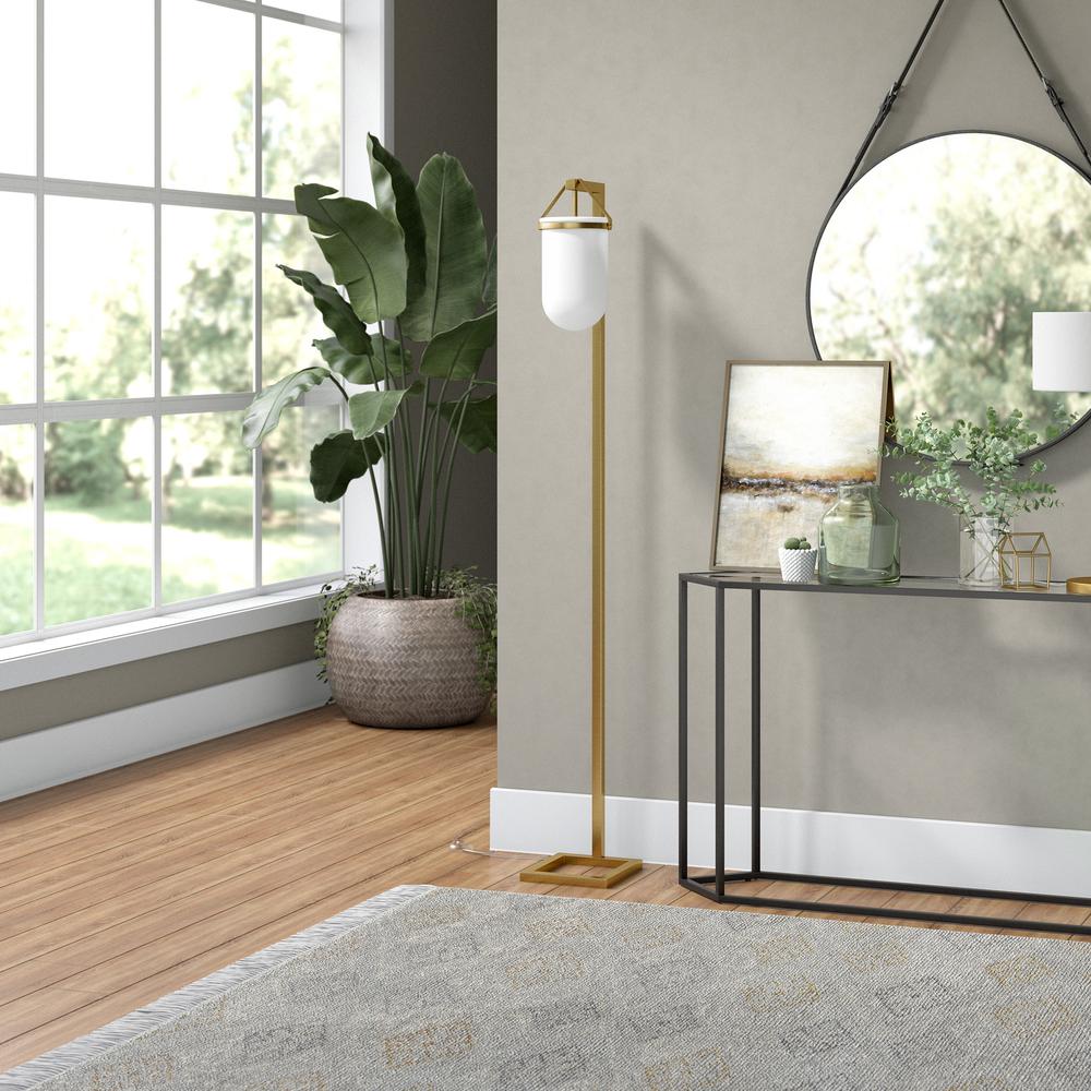 Shiloh 68" Tall Floor Lamp with Glass Shade in Brass/White Milk. Picture 3