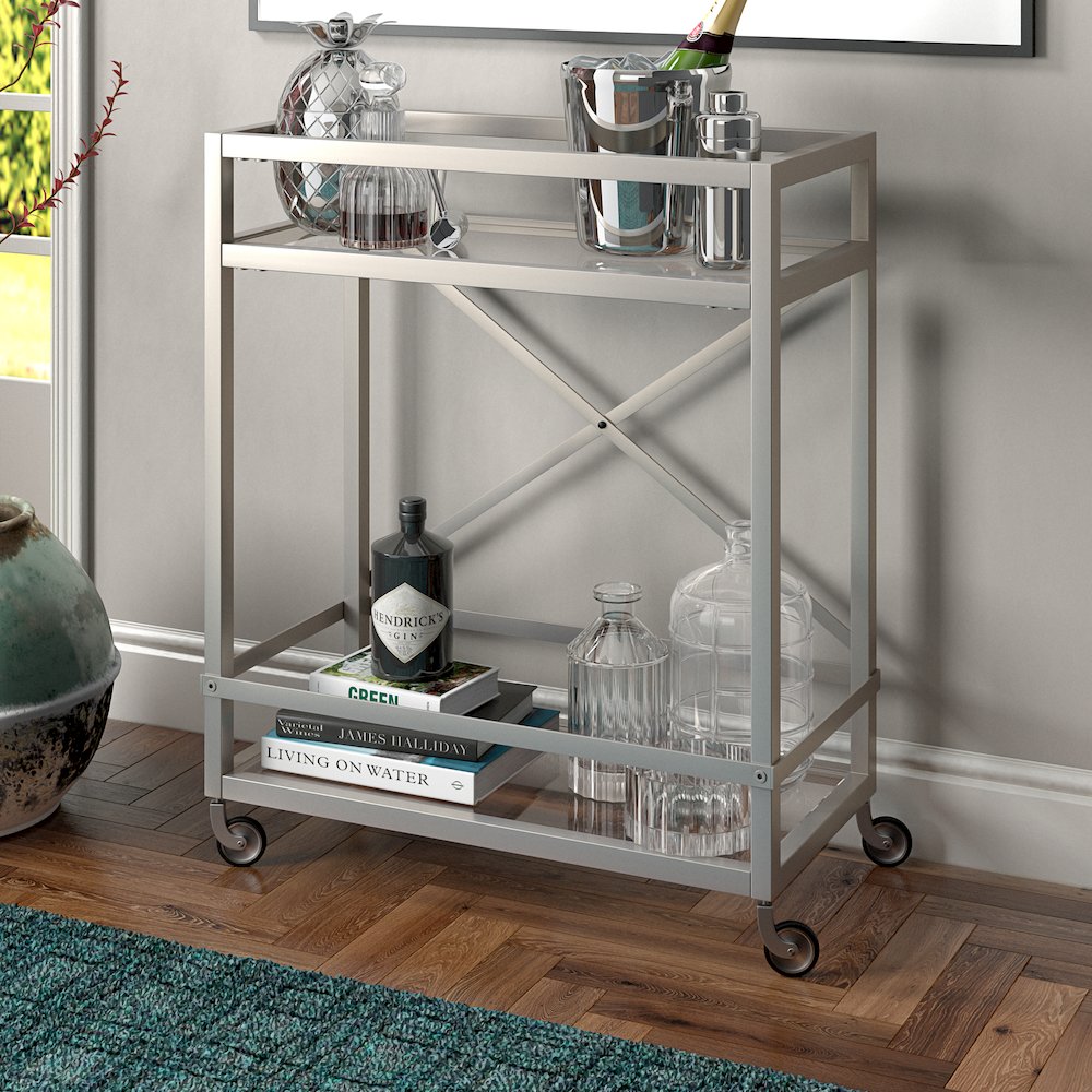 30'' 2-Tier Portable Bar Cart with Glass Shelves and Caster Wheels, Satin Silver. Picture 2