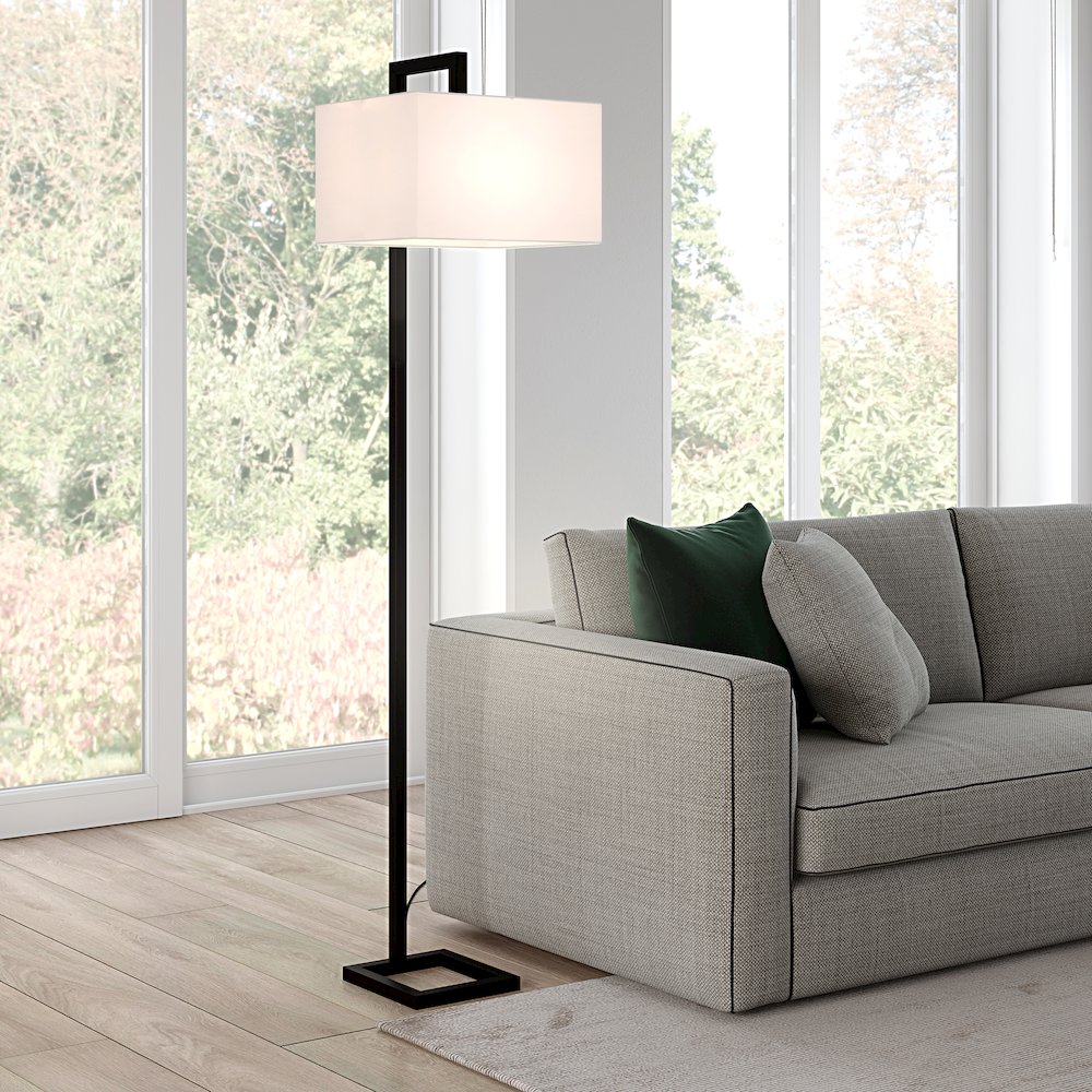 68" Traditional 1-Light Floor Lamp with White Fabric Rectangle Shade, Black. Picture 6