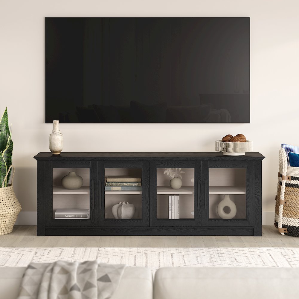 Rectangular TV Stand for TV's up to 78" with Glass Doors in Black Grain. Picture 3
