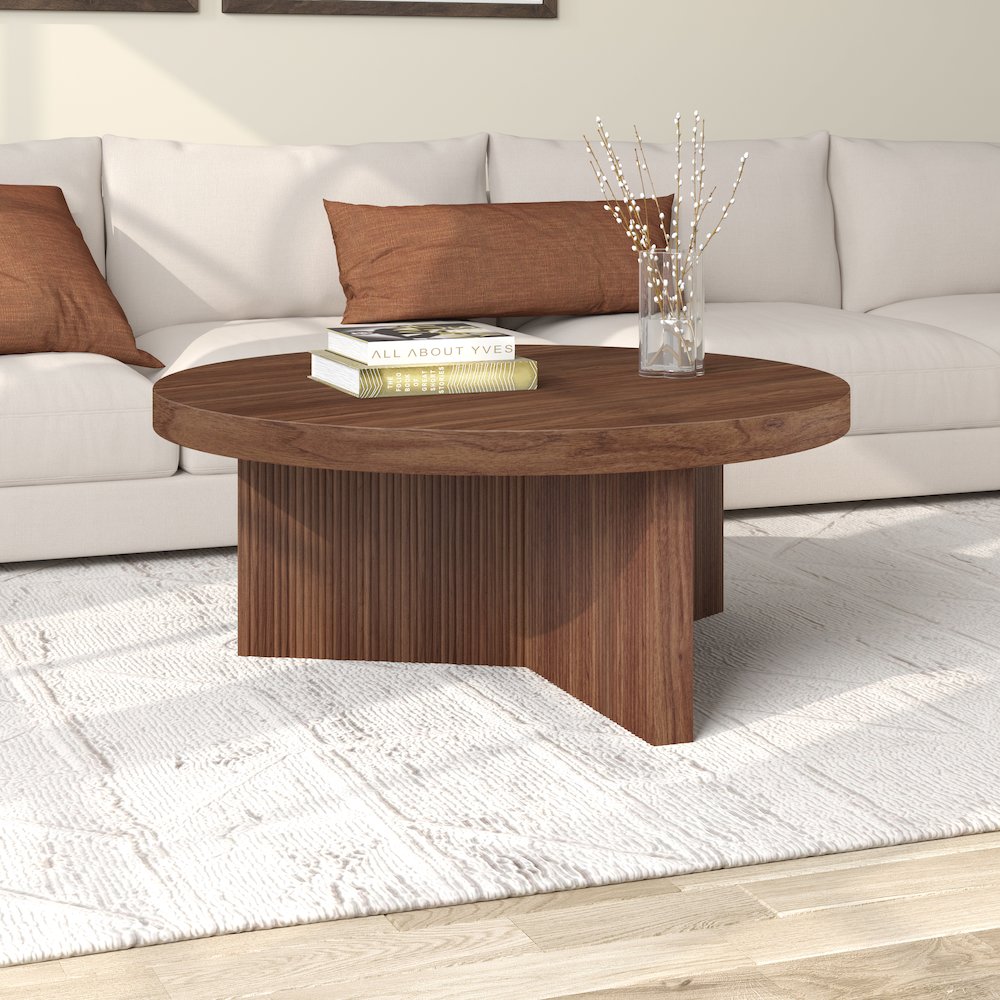 Holm 36" Wide Round Coffee Table in Satin Walnut. Picture 4