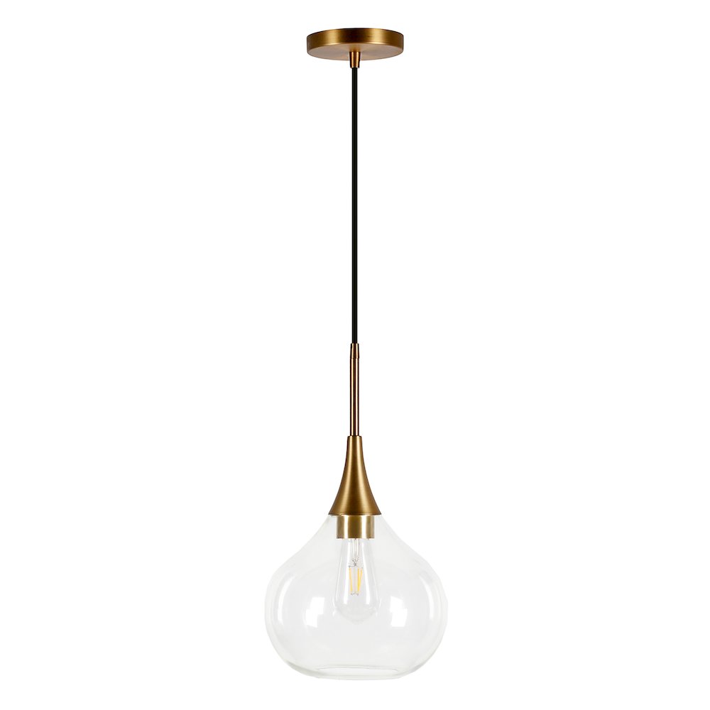 9" Mid-Century Pendant Light Fixture with Clear Glass Shade and 8' Cord, Gold. Picture 1