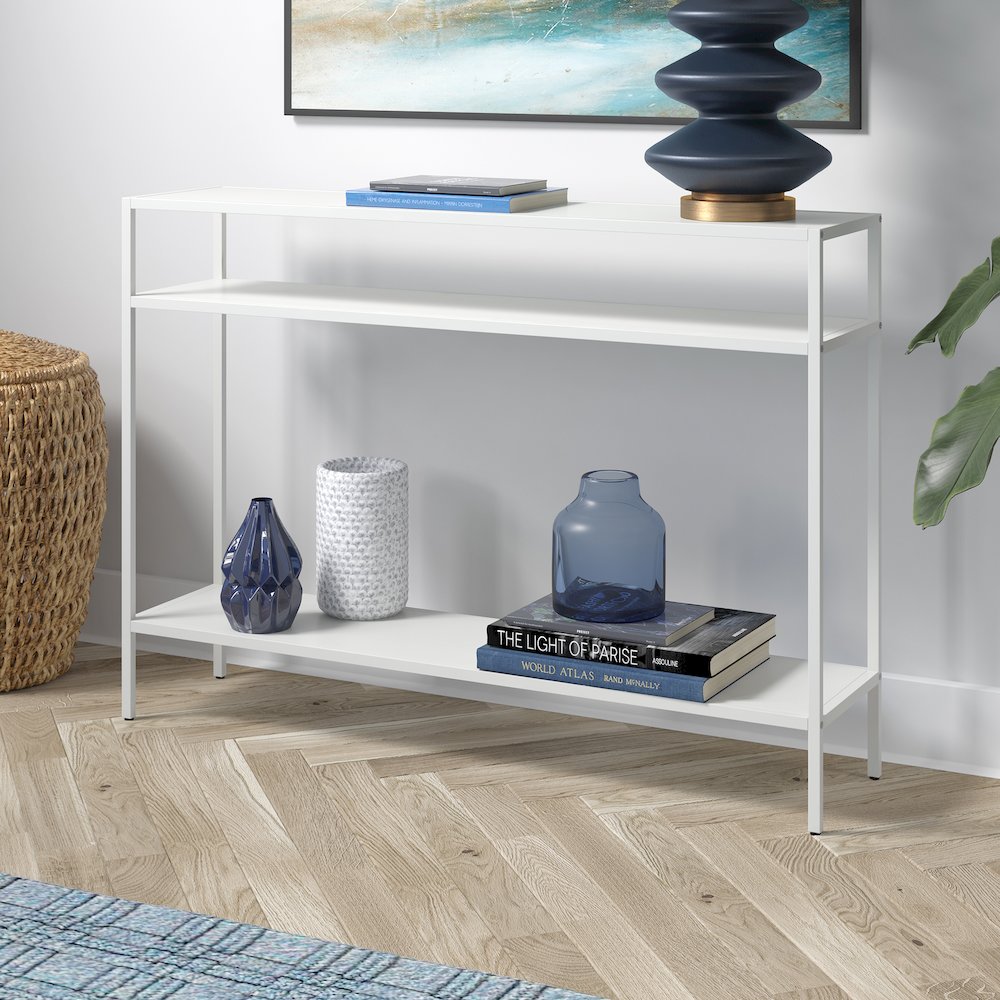 Ricardo 42'' Wide Rectangular Console Table with Metal Shelves in Matte White. Picture 2