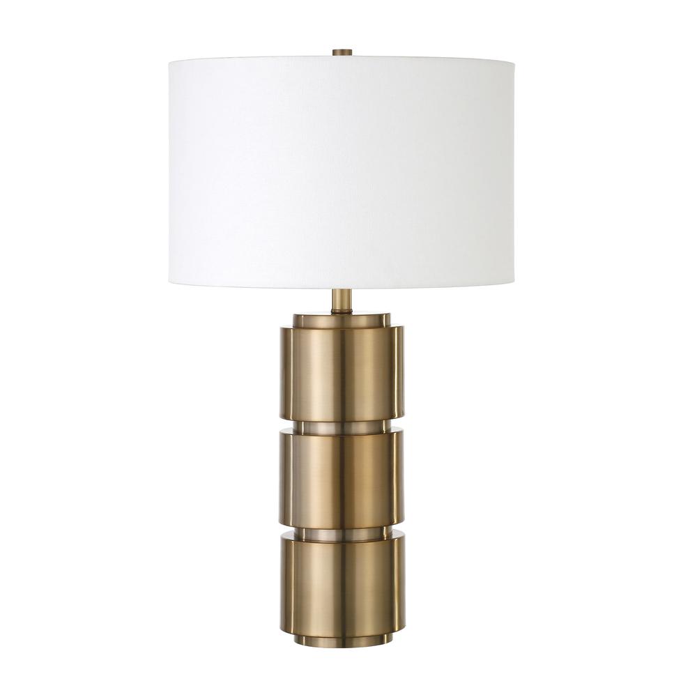 Campbell 27" Tall Table Lamp with Fabric Shade in Brass/White. Picture 1