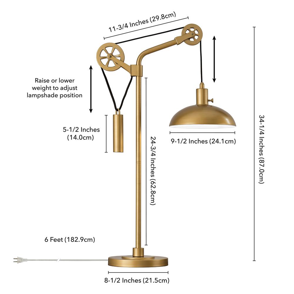 Neo 33.5" Tall Spoke Wheel Pulley System Table Lamp with Metal Shade in Brass/Brass. Picture 4