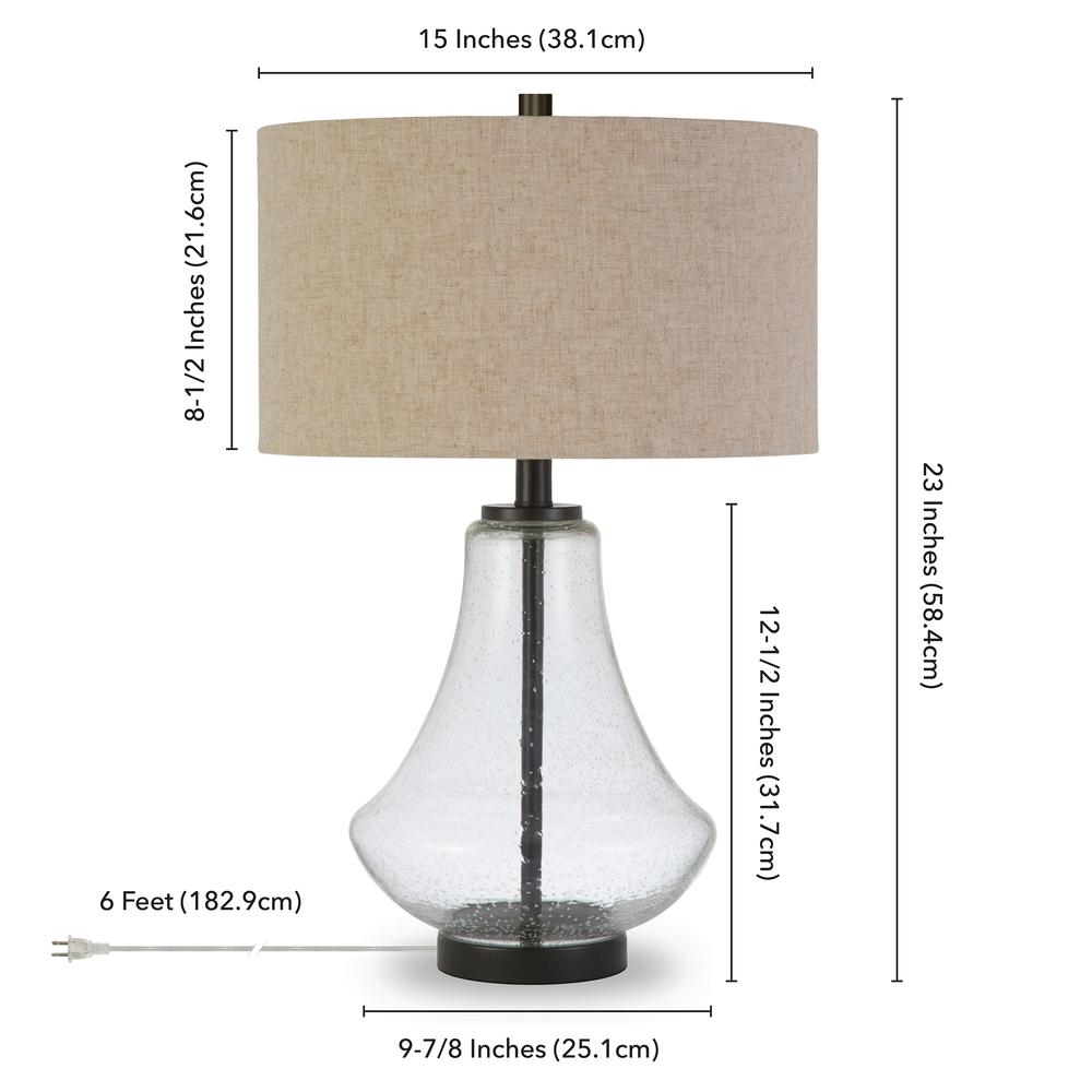 Lagos 23" Tall Table Lamp with Fabric Shade in Seeded Glass/Antique Bronze/Flax. Picture 4