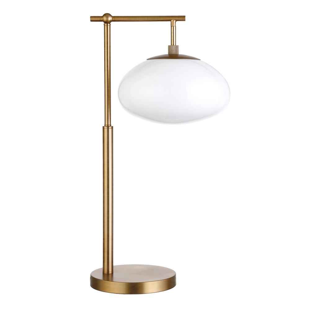 Blume 25" Tall Arc Table Lamp with Glass Shade in Brushed Brass/White Milk. Picture 1