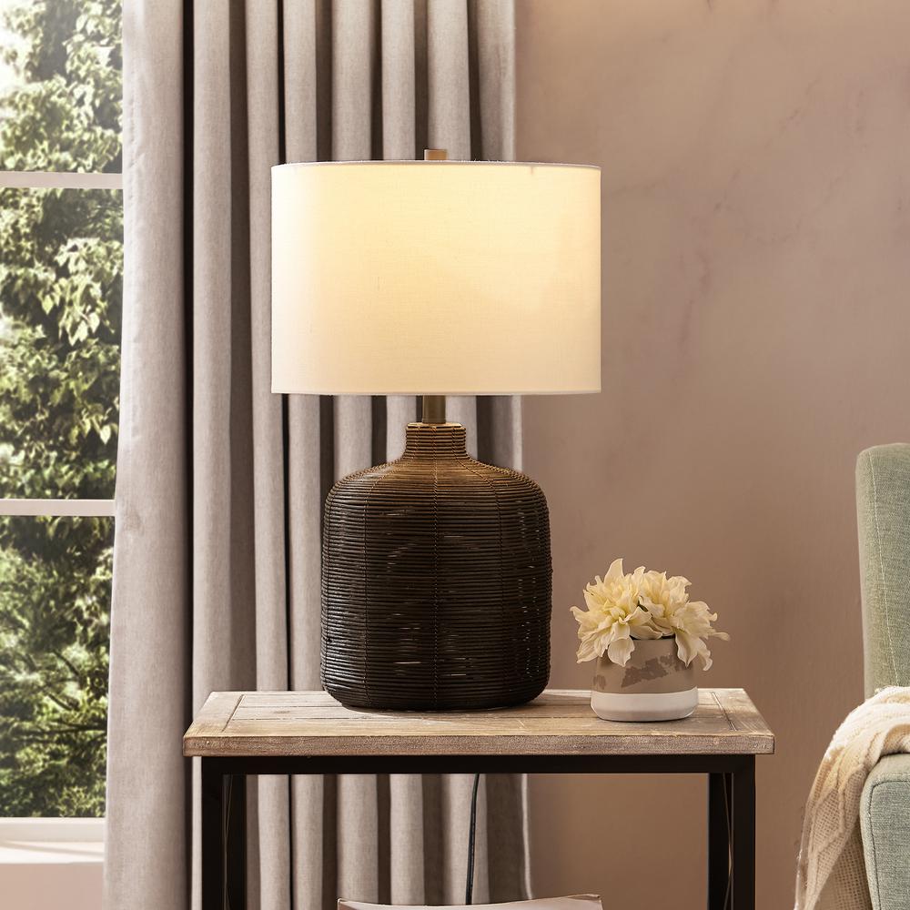 Jolina 20.5" Tall Petite/Rattan Table Lamp with Fabric Shade in Black Rattan/White. Picture 3