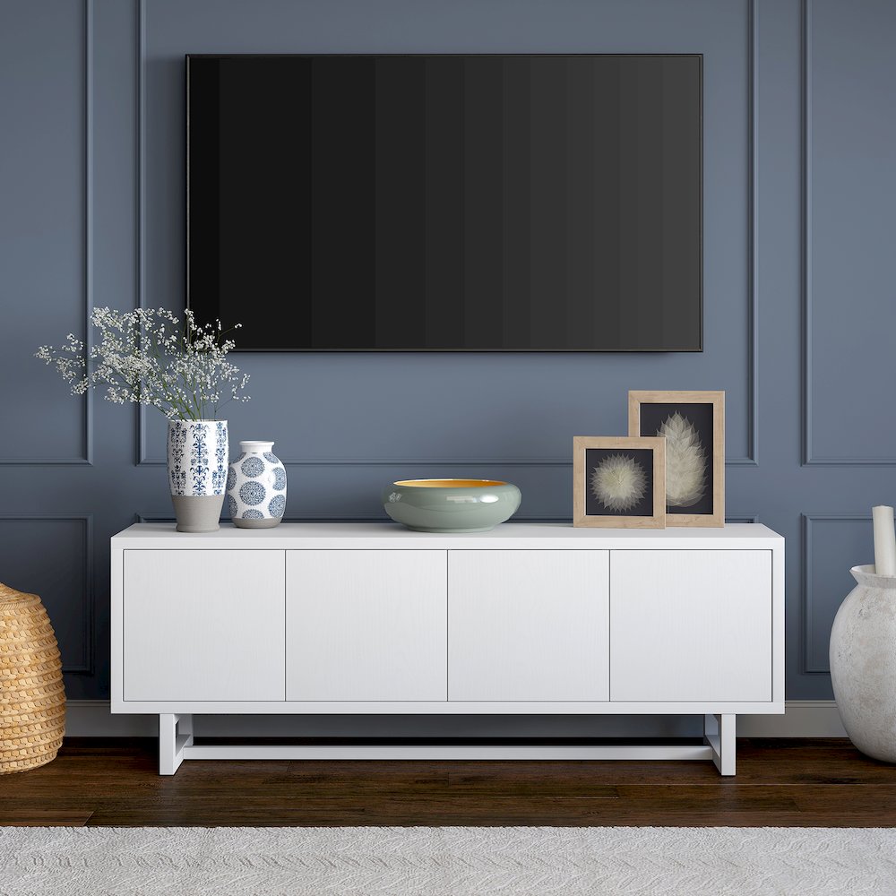 TV Stand for TVs up to 75'',  2 Cabinets, Shelves, Cable Cut-outs, Cloud White. Picture 2