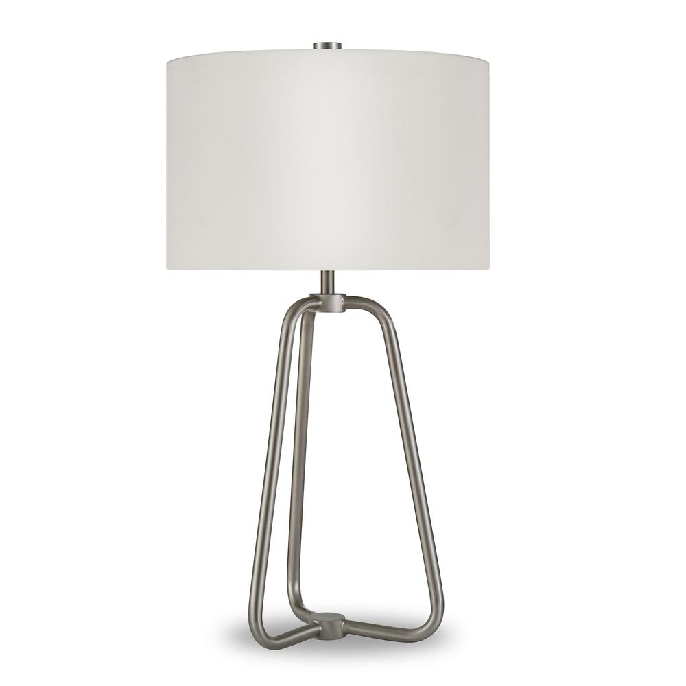 Marduk 25.5" Tall Table Lamp with Fabric Shade in Brushed Nickel/White. Picture 1