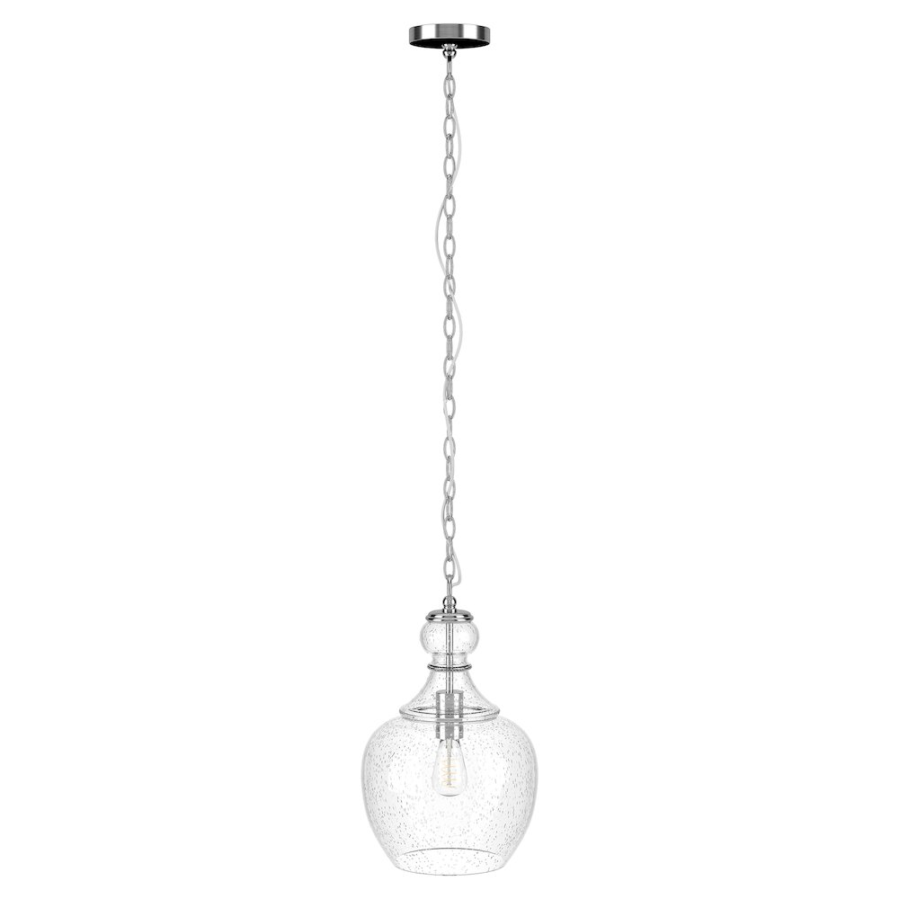 11" Mid-Century Light Fixture, Seeded Glass Shade, 6' Cord, Brushed Silver. Picture 1