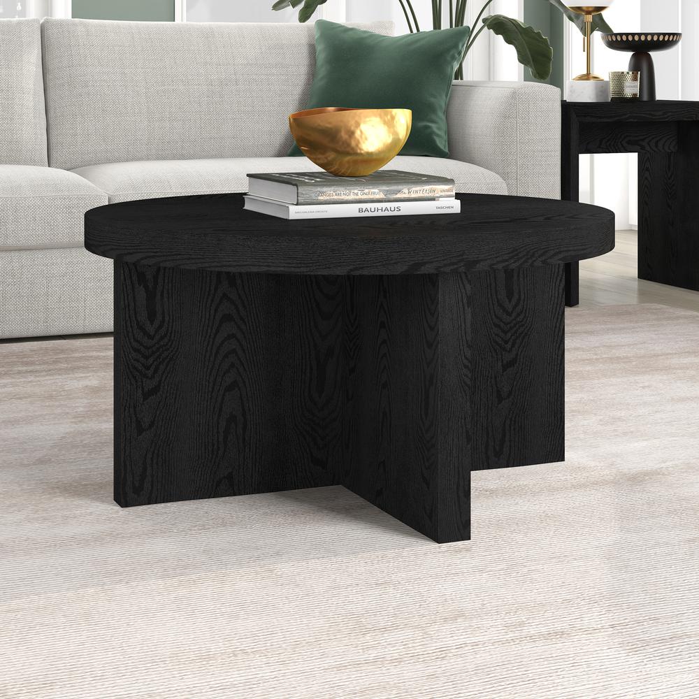 Elna 33" Wide Round Coffee Table in Black Grain. Picture 2