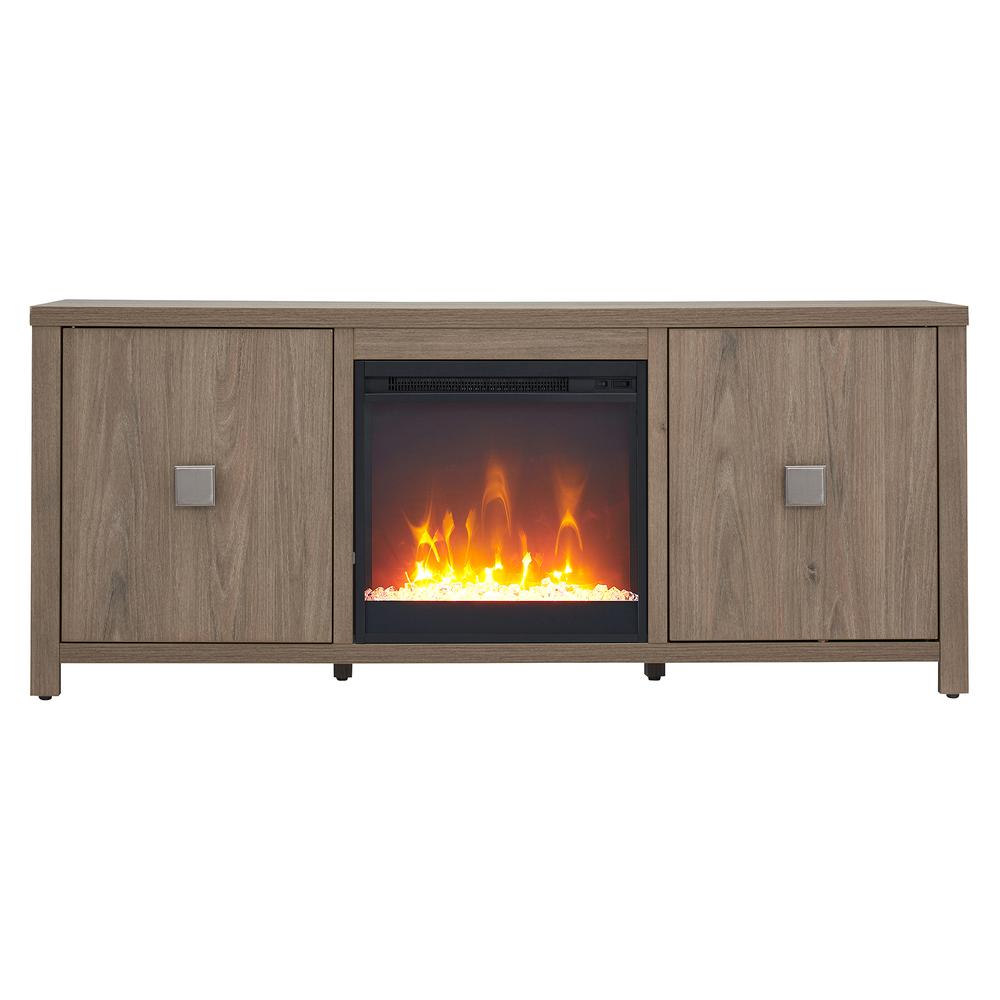Juniper Rectangular TV Stand with Crystal Fireplace for TV's up to 65" in Antiqued Gray Oak. Picture 3