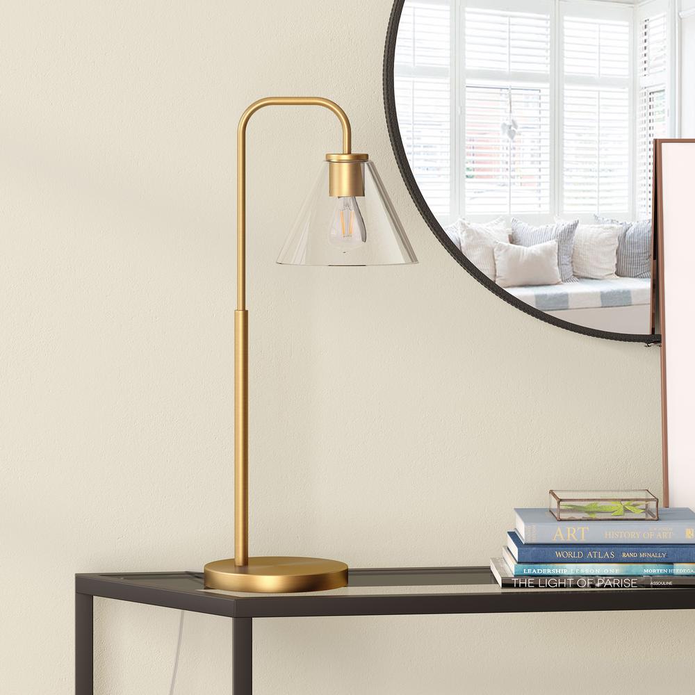 Henderson 27" Tall Arc Table Lamp with Glass Shade in Brass/Clear. Picture 2