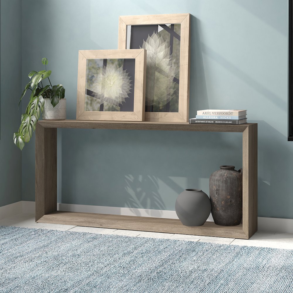 Osmond 64" Wide Rectangular Console Table in Antiqued Gray Oak. Picture 3