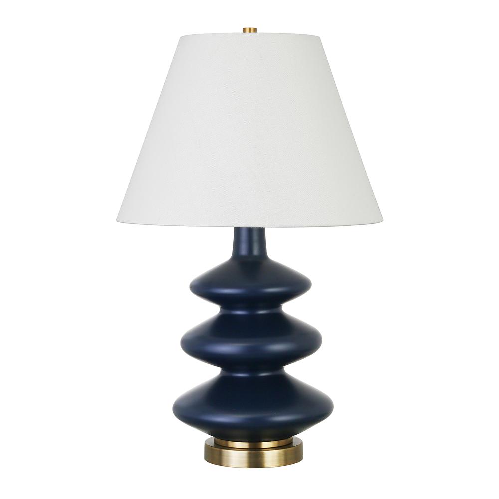 Carleta 26.5" Tall Triple Gourd Table Lamp with Fabric Shade in Blue/White. Picture 1