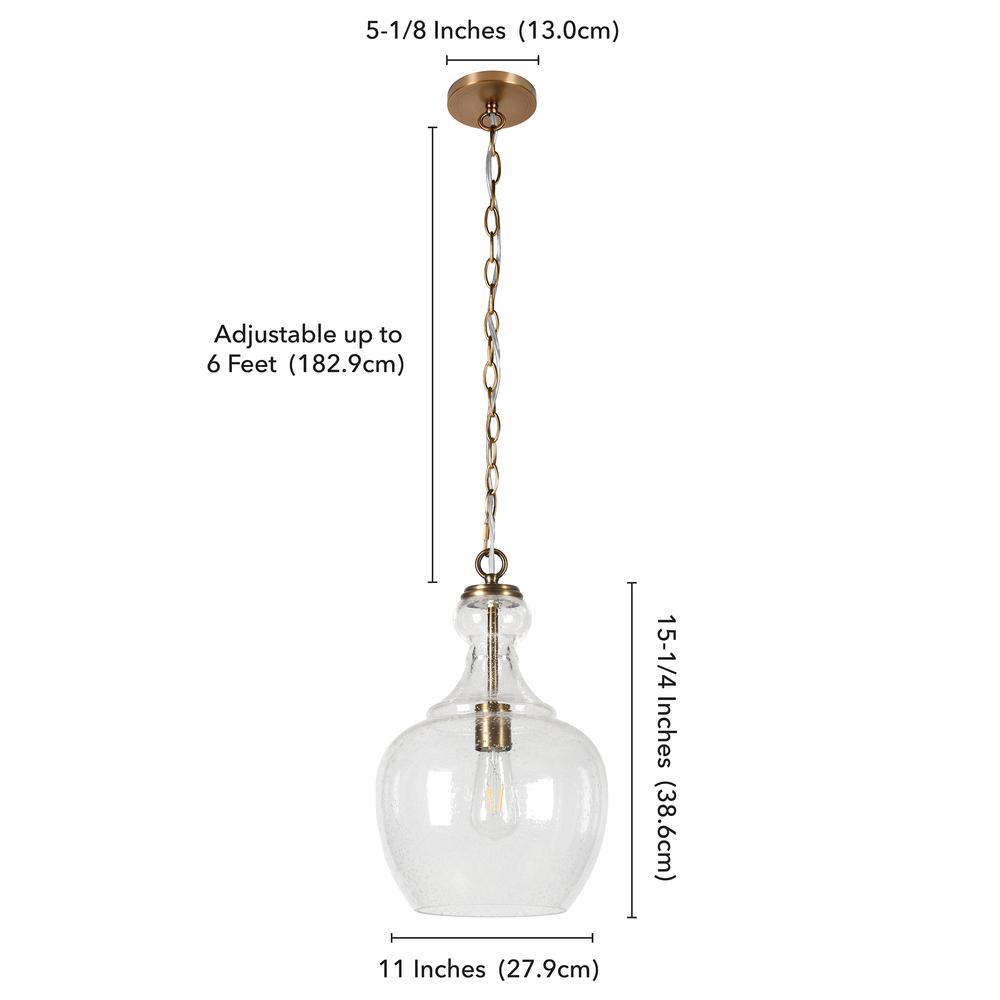 Verona 11" Wide Pendant with Glass Shade in Brass/Seeded. Picture 5
