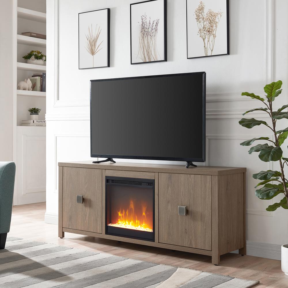 Juniper Rectangular TV Stand with Crystal Fireplace for TV's up to 65" in Antiqued Gray Oak. Picture 2