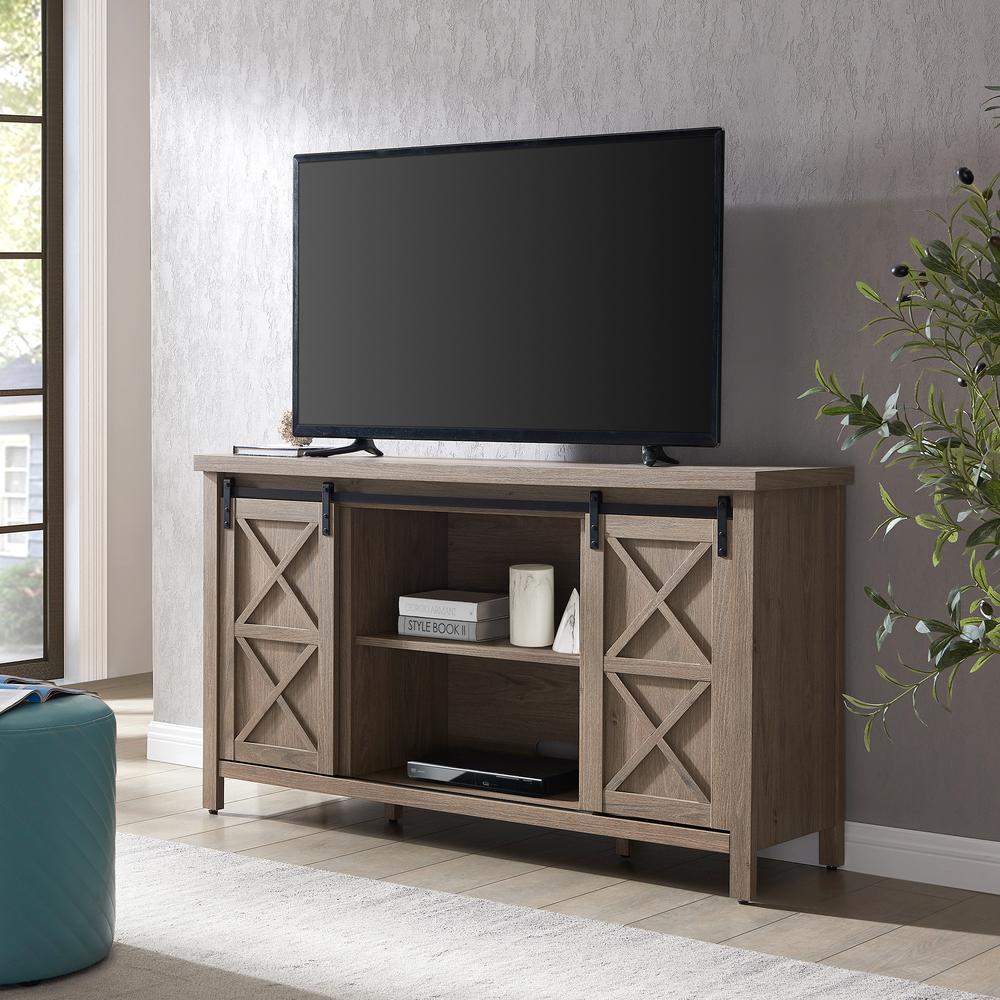 Elmwood Rectangular TV Stand for TV's up to 65" in Antiqued Gray Oak. Picture 2