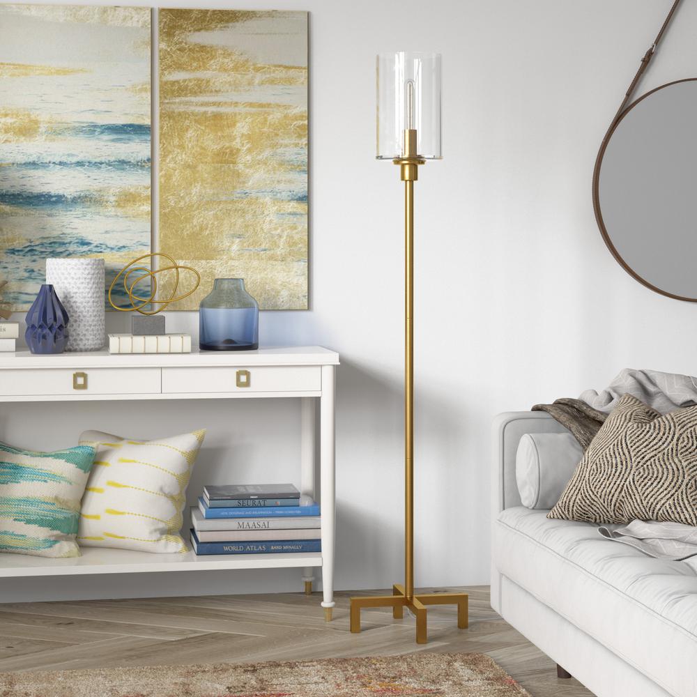 Panos 66.25" Tall Floor Lamp with Glass Shade in Brass/Clear. Picture 2