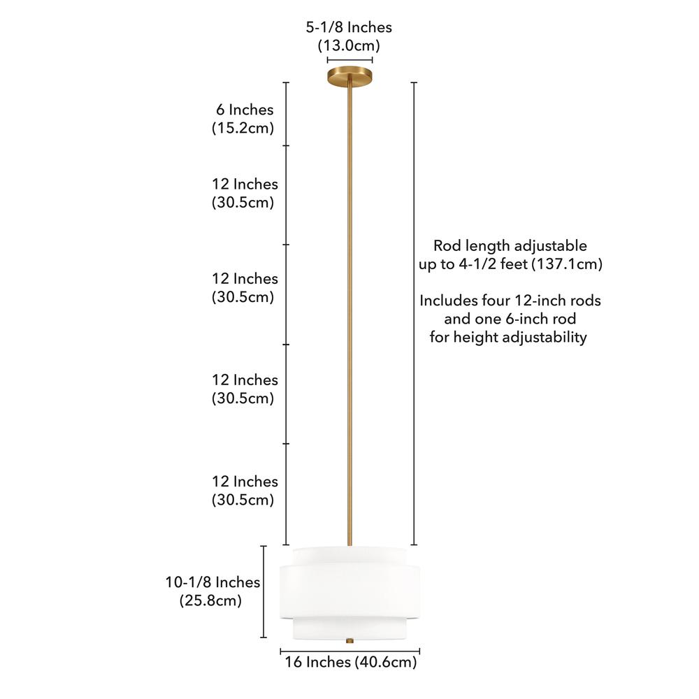 Solomon 16" Wide 2-Light Pendant with Tiered Fabric Shade in Brass/White. Picture 5