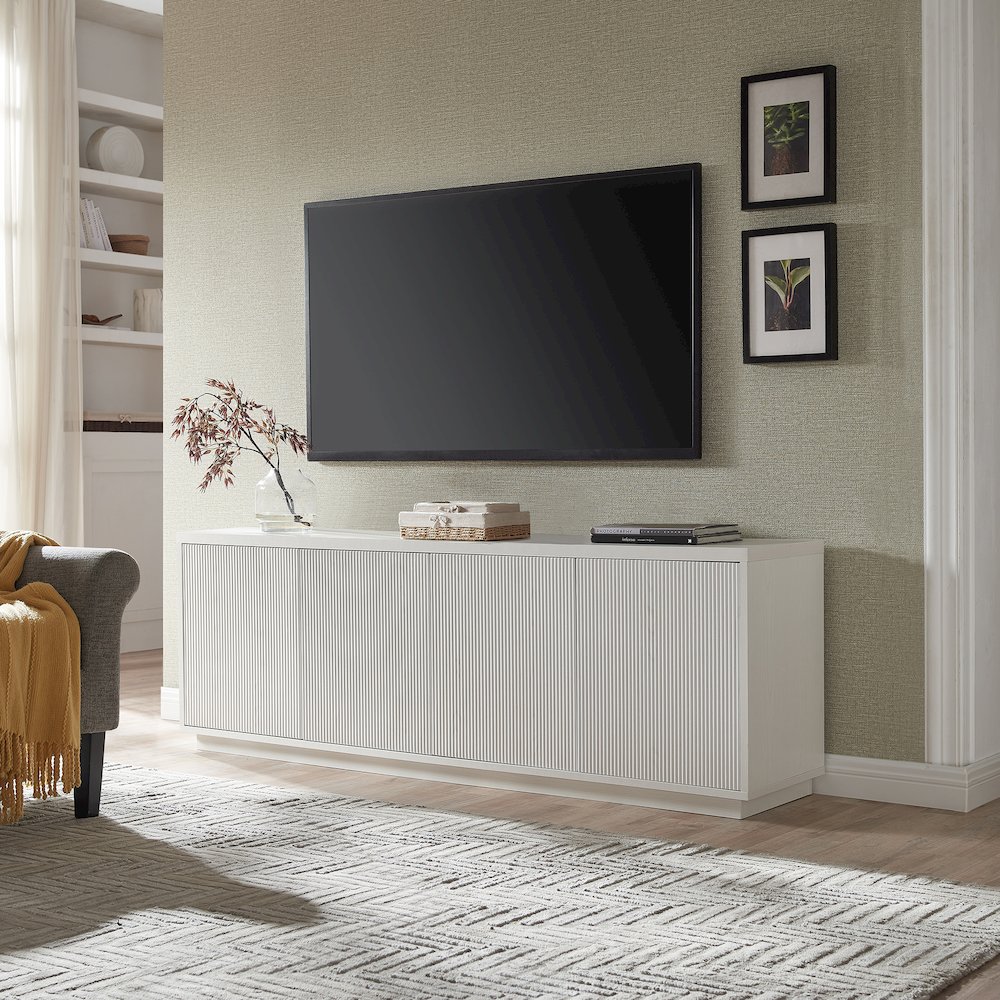 TV Stand for TVs up to 75", 2 Concealed Ribbed Storage Cabinets, Cloud White. Picture 2