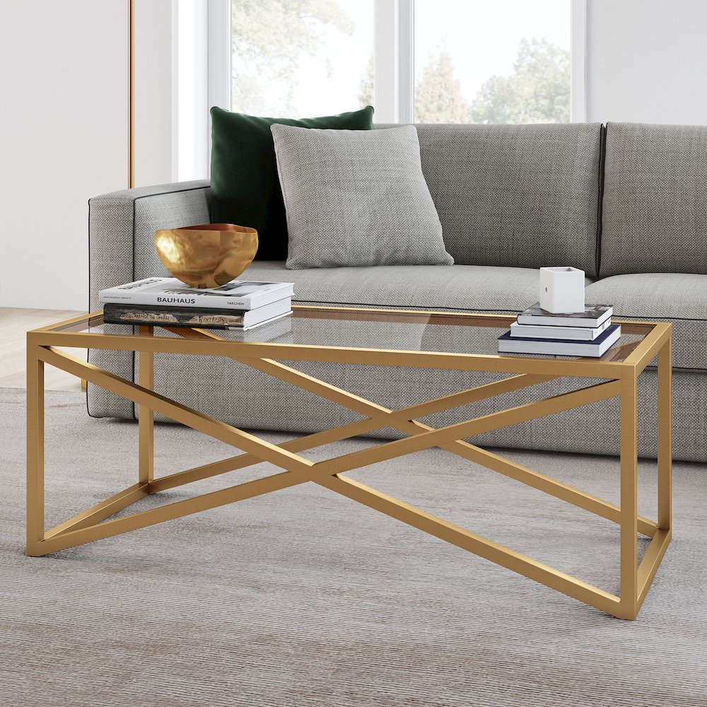 46" Rectangular Coffee Table with Glass Top, Gold. Picture 6