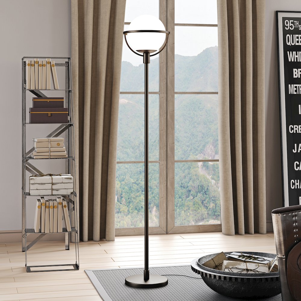 68" Glam 1-Light Floor Lamp with White Glass Globe Shade, Black. Picture 7