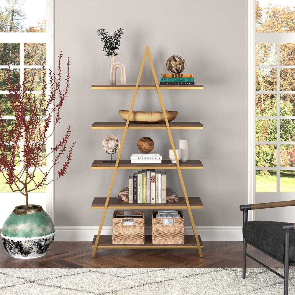 Conry 68'' Tall A-Frame Bookcase in Gold/Walnut. Picture 4