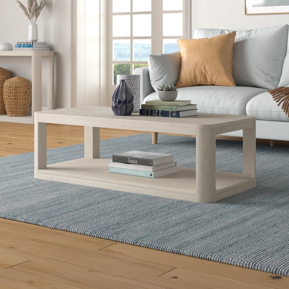 Stellan 47" Wide Rectangular Coffee Table in Alder White. Picture 3