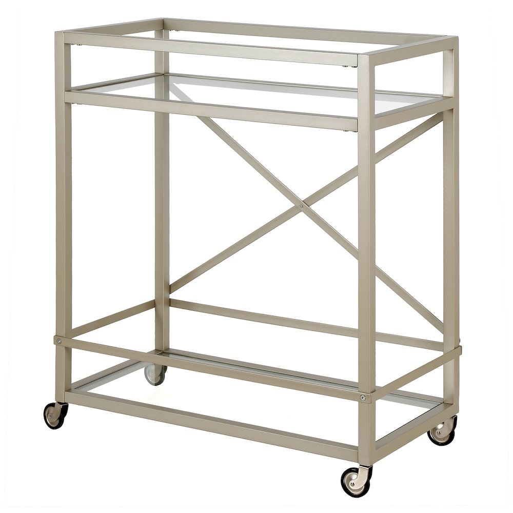 30'' 2-Tier Portable Bar Cart with Glass Shelves and Caster Wheels, Satin Silver. Picture 4