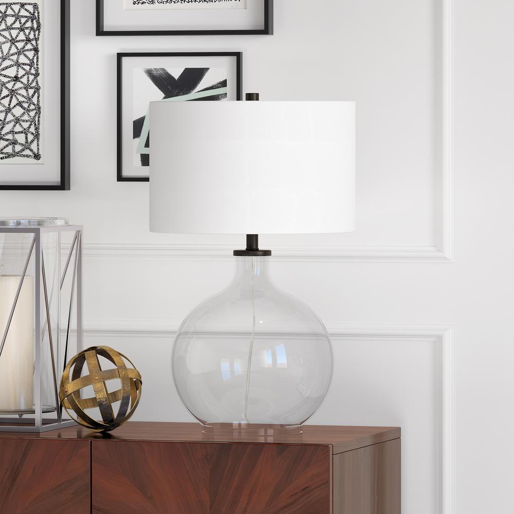 Laelia 24.75" Tall Table Lamp with Fabric Shade in Clear Glass/Blackened Bronze/White. Picture 2