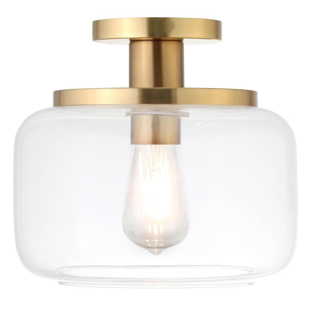 Tatum 11" Wide Semi Flush Mount with Glass Shade in Brushed Brass/Clear. Picture 3