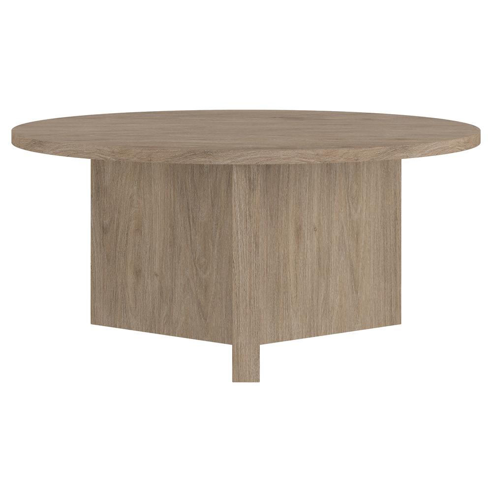 Anders 36" Wide Round Coffee Table in Antiqued Gray Oak. Picture 2