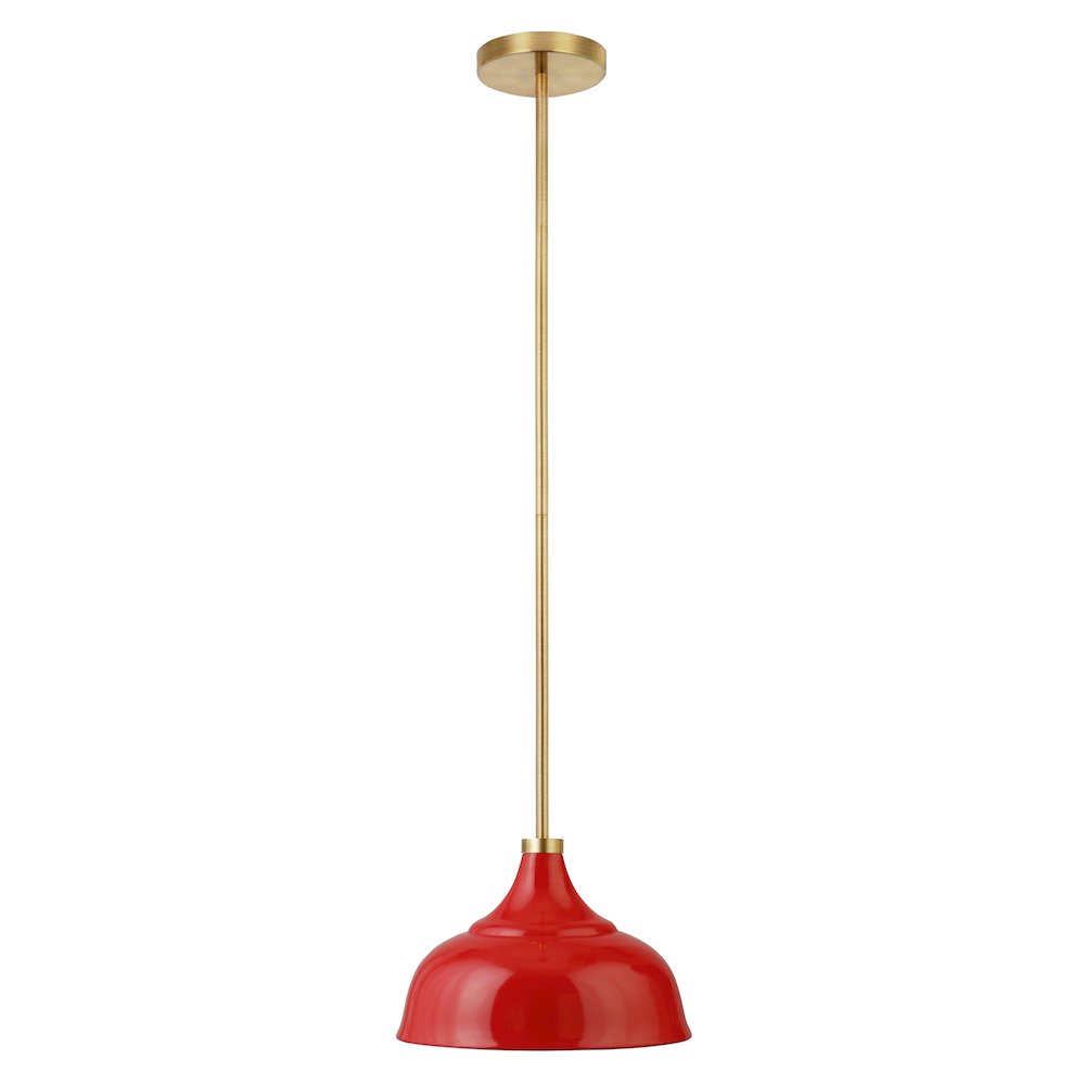 10" Dimmable Pendant Light Fixture, Metal Dome Shade and 8' Cord, Coral Red/Gold. Picture 1