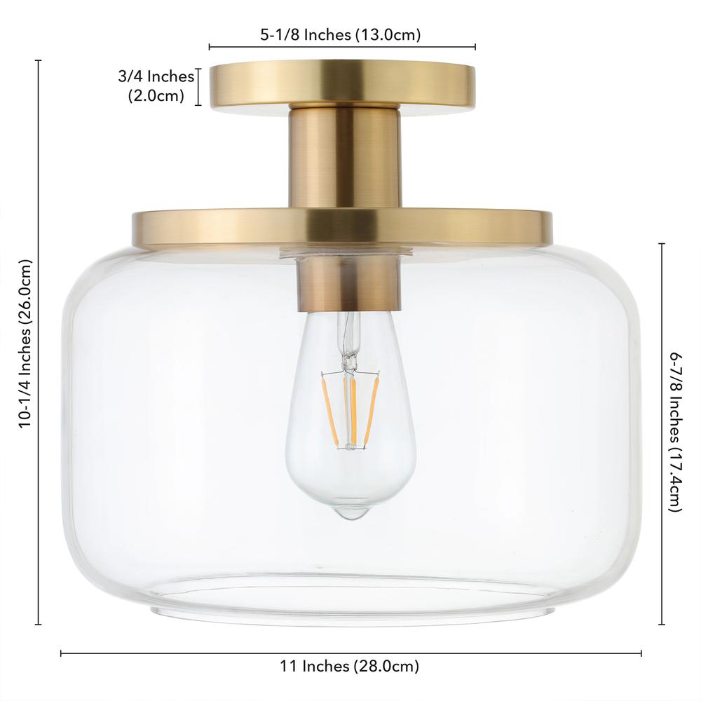 Tatum 11" Wide Semi Flush Mount with Glass Shade in Brushed Brass/Clear. Picture 4