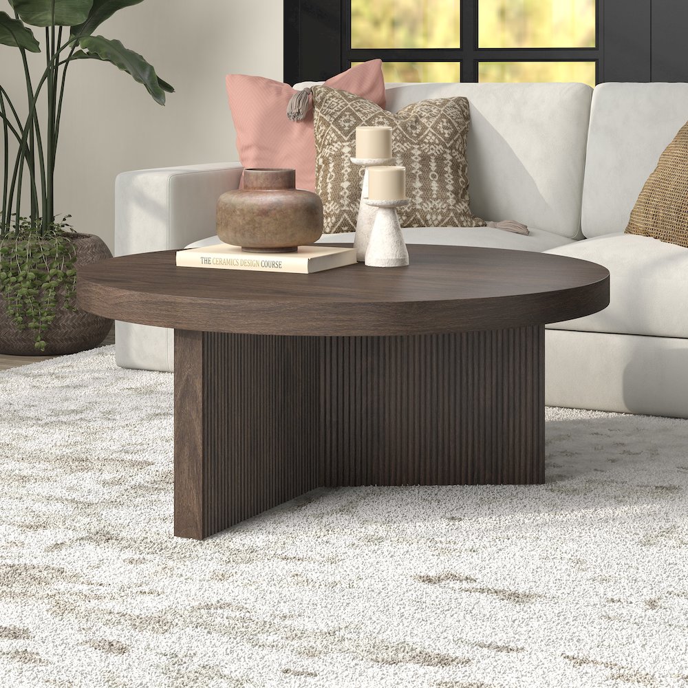 Holm 36" Wide Round Coffee Table in Alder Brown. Picture 3