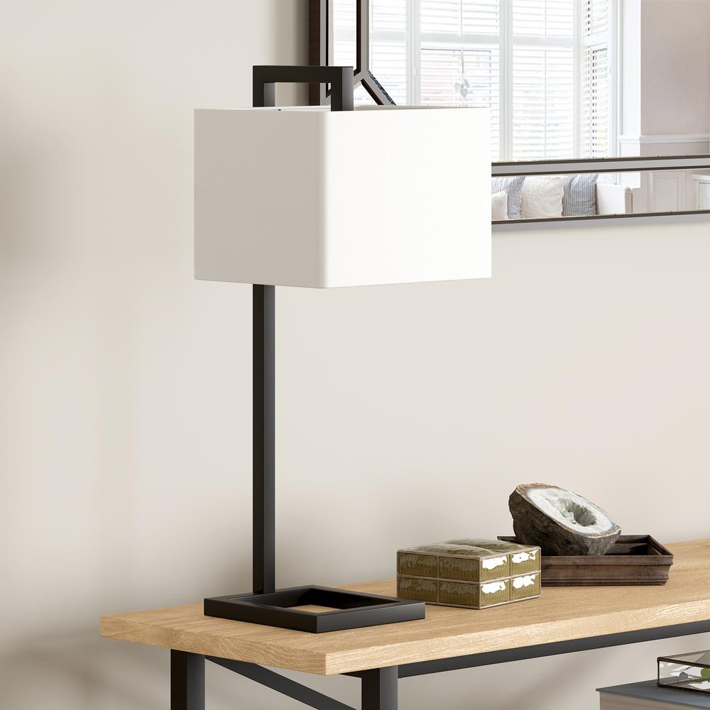 Grayson 26" Tall Table Lamp with Fabric Shade in Blackened Bronze/White. Picture 3