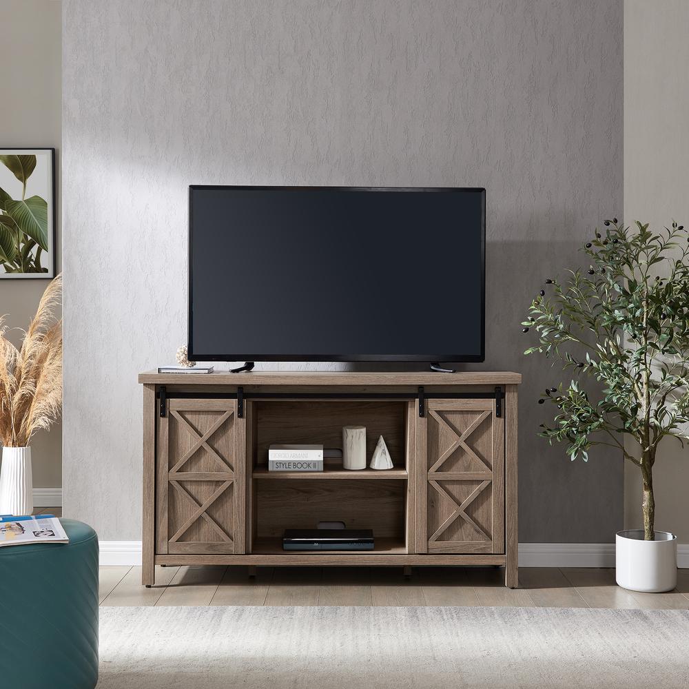 Elmwood Rectangular TV Stand for TV's up to 65" in Antiqued Gray Oak. Picture 4