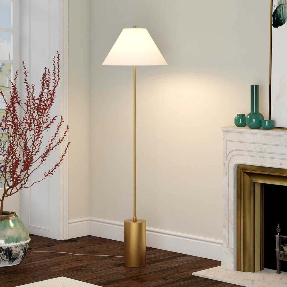 Somerset 64 Tall Floor Lamp with Fabric Shade in Brass/White. Picture 4
